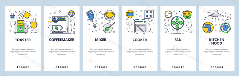 Web site onboarding screens. Kitchen and cooking appliance. Menu vector banner template for website and mobile app development. Modern design linear art flat illustration