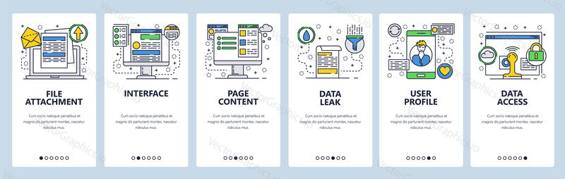 Web site onboarding screens. Data management, interface and user profile. Website woreframe and content. Menu vector banner template for website and mobile app development. flat illustration