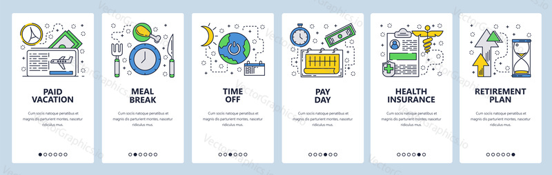Web site onboarding screens. Lunch break, time for vacation, pay day, retirenment plan. Menu vector banner template for website and mobile app development. Modern design linear art flat illustration