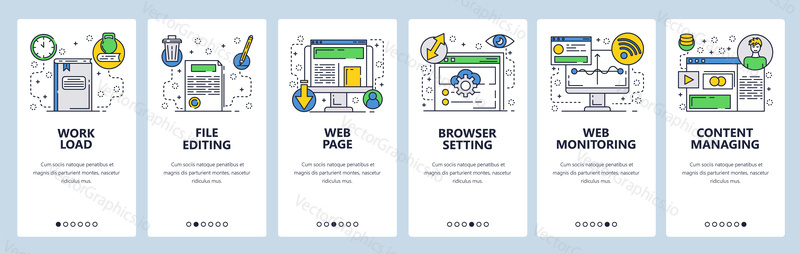 Web site onboarding screens. Web page content and internet monitoring. Computer online services. Menu vector banner template for website and mobile app development. Modern design flat illustration