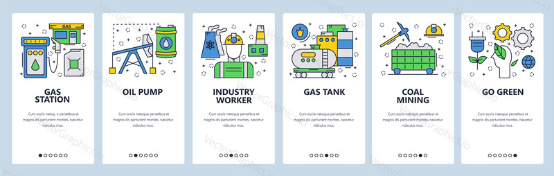 Web site onboarding screens. Power energy industry, gas station and oil pump. Menu vector banner template for website and mobile app development. Modern design linear art flat illustration