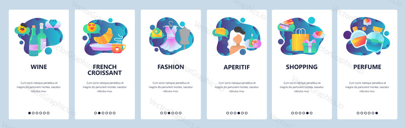 Web site onboarding screens. Vacation in Paris, France. French breakfast, shopping, fashion and wine. Menu vector banner template for website and mobile app development. flat illustration
