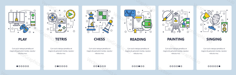 Web site onboarding screens. Hobby and leisure time, playing games, reading, painting, singing. Menu vector banner template for website and mobile app development