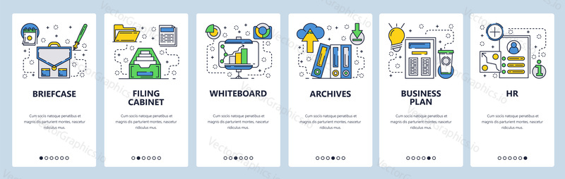 Web site onboarding screens. Business management and office interior supplies. Menu vector banner template for website and mobile app development. Modern design flat illustration