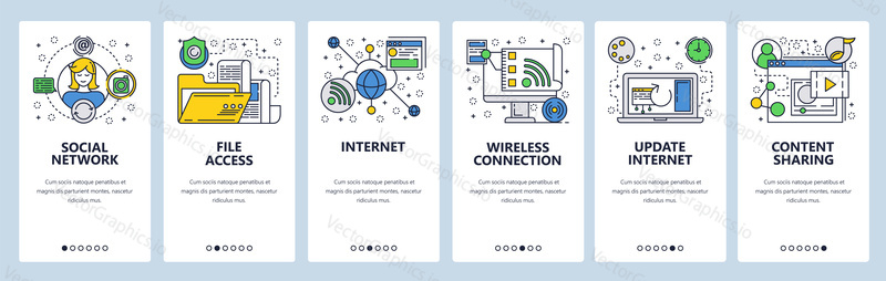 Web site onboarding screens. Internet and global network services. Wireless connection and document access. Menu vector banner template for website and mobile app development.