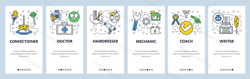 Web site onboarding screens. Different professions icons, doctor, coach, mechanic, writer. Menu vector banner template for website and mobile app development.