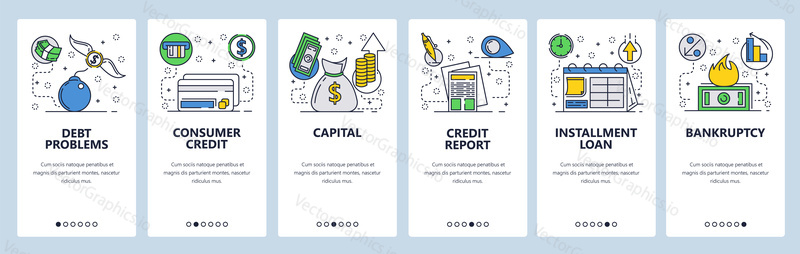 Web site onboarding screens. Credit card and debt problems. Consumer loans and banking system. Menu vector banner template for website and mobile app development. Modern design flat illustration