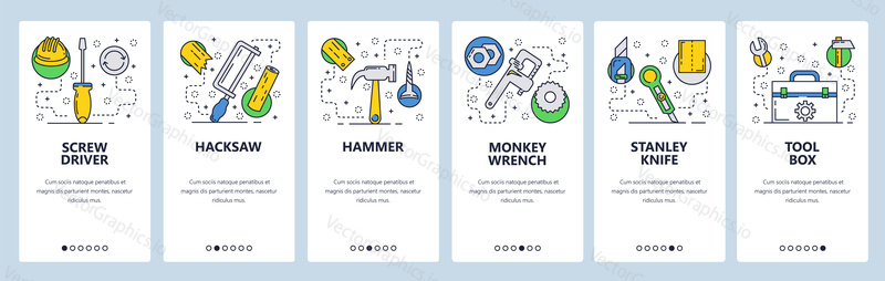 Web site onboarding screens. Hardware tools, screw driver, handsaw, hammer, wrench. Menu vector banner template for website and mobile app development.