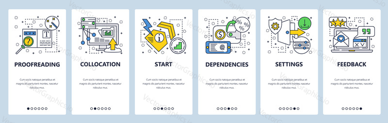 Web site onboarding screens. Proofreading, settings and feedback. Menu vector banner template for website and mobile app development. Modern design linear art flat illustration