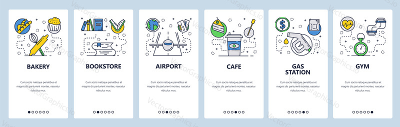 Web site onboarding screens. Bakery, bookstore, airport, cafe, gas station and gym icons. Menu vector banner template for website and mobile app development.