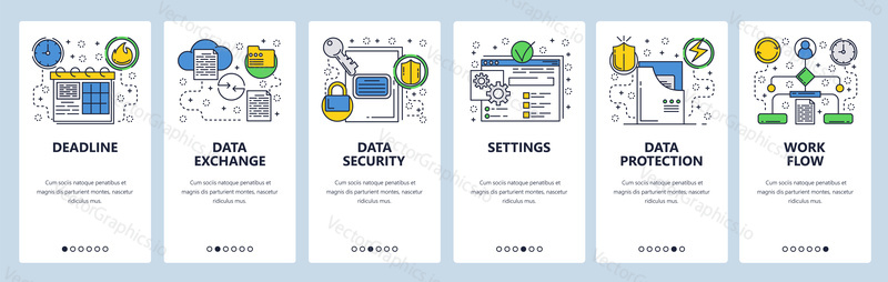 Web site onboarding screens. Data exchange, sync and protection. Menu vector banner template for website and mobile app development. Modern design linear art flat illustration