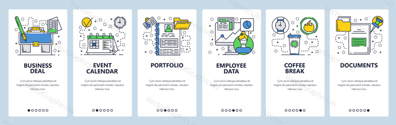 Web site onboarding screens. Bussiness and office icons set. Menu vector banner template for website and mobile app development. Modern design linear art flat illustration