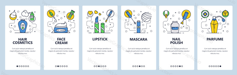 Web site onboarding screens. Beauty salon cosmetic products. Face cream, hair shampoo, lipstick, mascara. Menu vector banner template for website and mobile app development.