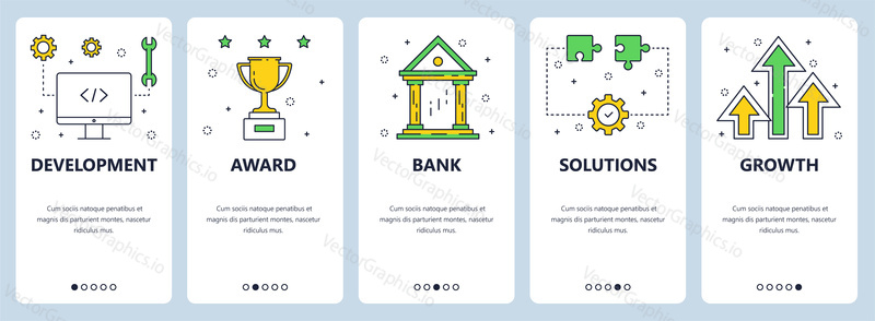 Vector web site linear art onboarding screens template. Business, finance and development icons. Menu banners for website and mobile app development. Modern design flat illustration