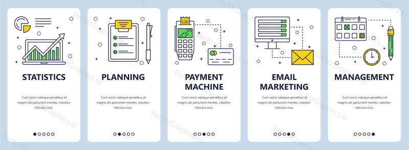 Vector web site linear art onboarding screens template. Statistic, planing and marketing icons. Menu banners for website and mobile app development. Modern design flat illustration