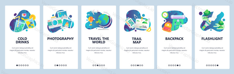 Web site onboarding screens. Holiday travel icons, camping and outdoor hiking, travel the world. Menu vector banner template for website and mobile app development.