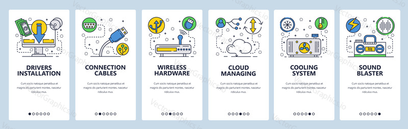 Web site onboarding screens. Computer hardware, cloud services, wireless network and cooling system. Menu vector banner template for website and mobile app development. design flat illustration