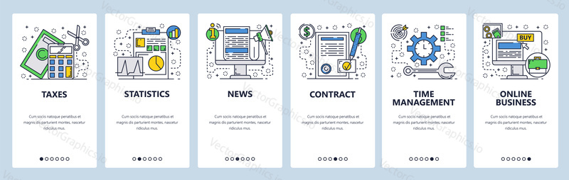 Web site onboarding screens. Online business, taxes, contract and news feed. Menu vector banner template for website and mobile app development. Modern design linear art flat illustration