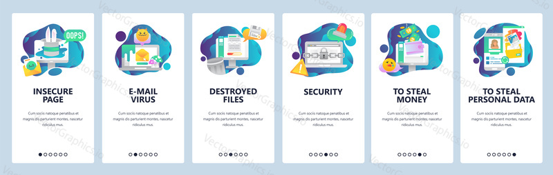 Web site onboarding screens. Cyber security and hacker attack. Email virus and stealing of personal data. Menu vector banner template for website and mobile app development. flat illustration