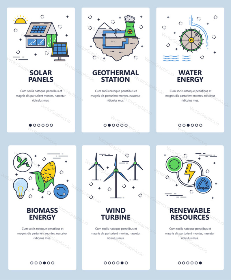 Vector web site linear art onboarding screens template. Renewable energy sources and power plants. Menu banners for website and mobile app development. Modern design flat illustration.