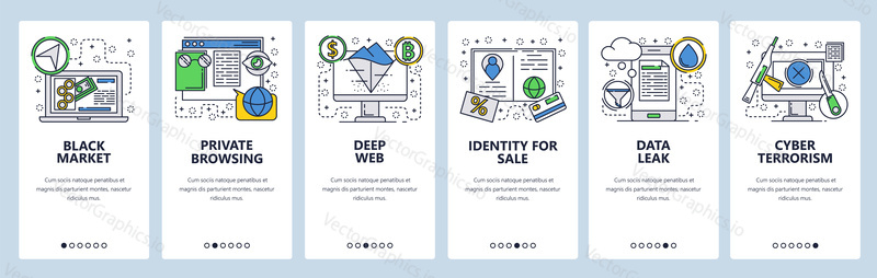Web site onboarding screens. Cyber terrorism, security and hacking. Private browsing and deep web. Menu vector banner template for website and mobile app development.