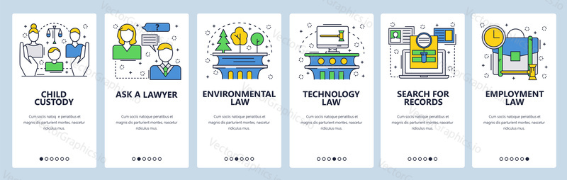 Web site onboarding screens. Family, technology, environmental law, court records. Menu vector banner template for website and mobile app development. Modern design linear art flat illustration