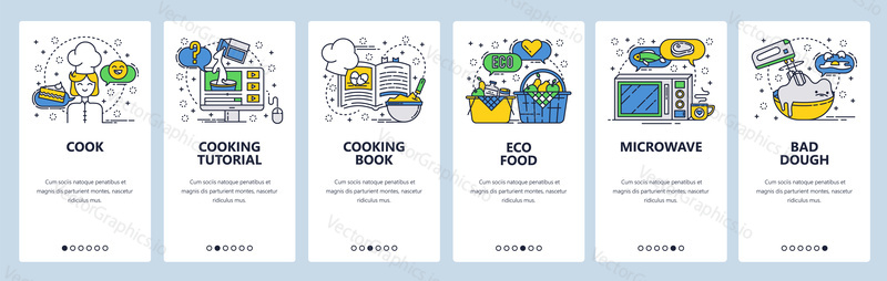 Web site onboarding screens. Cooking book and online recipe, organic food. Menu vector banner template for website and mobile app development. Modern design linear art flat illustration