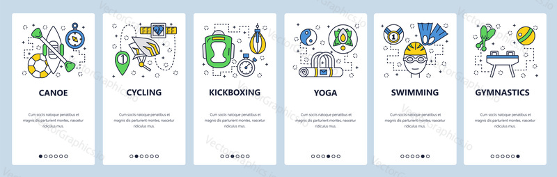 Web site onboarding screens. Sport icons. Cycling, boxing, swimming, yoga, gymnastic. Menu vector banner template for website and mobile app development. Modern design linear art flat illustration