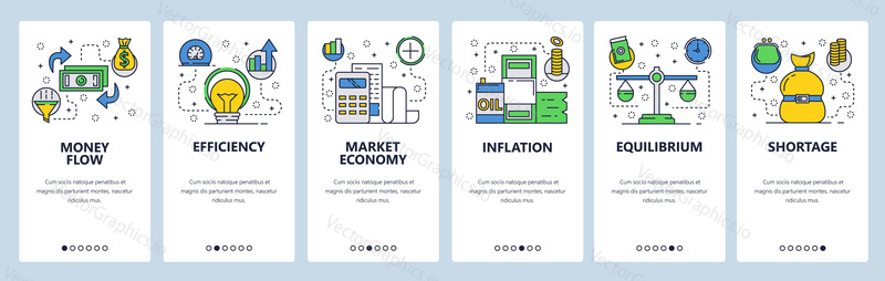 Web site onboarding screens. Economy and global finance markets system. Money flow, inflation, oil price. Menu vector banner template for website and mobile app development. flat illustration
