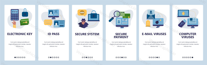 Web site onboarding screens. Cyber security, secure access, ID pass and online payment. Menu vector banner template for website and mobile app development. Modern design flat illustration