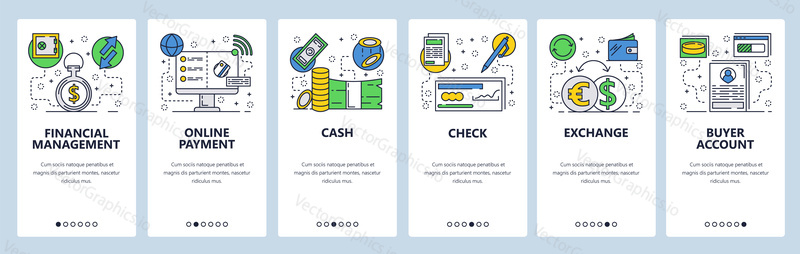 Web site onboarding screens. Online payments, financial management and banking. Menu vector banner template for website and mobile app development. Modern design flat illustration