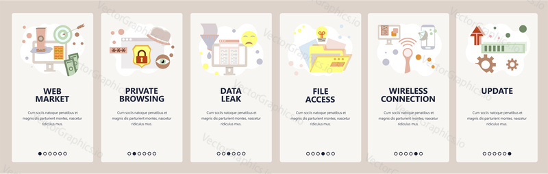 Web site onboarding screens. Cyber security and internet secure access. Privacy and data leak. Menu vector banner template for website and mobile app development. Modern design flat illustration
