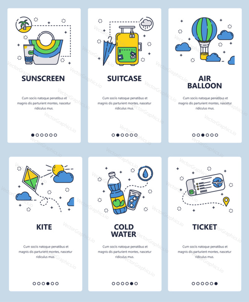 Vector web site linear art onboarding screens template. Travel icons, kite, air balloon and plane ticket. Menu banners for website and mobile app development. Modern design flat illustration