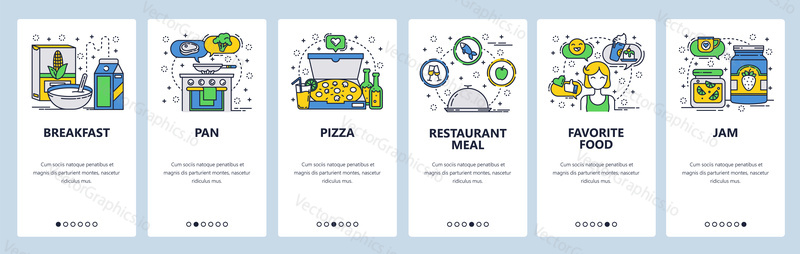 Web site onboarding screens. Cooking at home, breakfast, restaurant, pizza. Menu vector banner template for website and mobile app development. Modern design linear art flat illustration