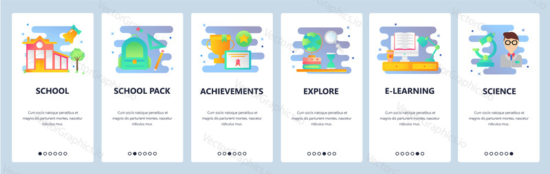 Web site onboarding screens. School education, science and e-learning. Menu vector banner template for website and mobile app development. Modern design flat illustration
