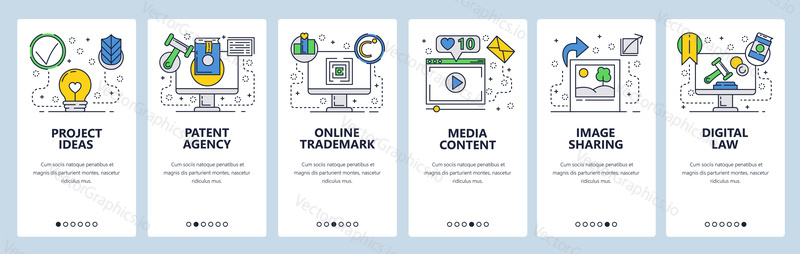 Web site onboarding screens. Internet services, copyright, media content and photo sharing. Menu vector banner template for website and mobile app development. Modern design flat illustration