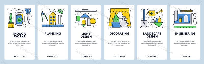 Web site onboarding screens. House construction plan, building decoration and repair. Menu vector banner template for website and mobile app development. Modern design linear art flat illustration