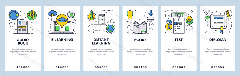 Web site onboarding screens. Online education and e-learning. Books, exams and diploma. Menu vector banner template for website and mobile app development. Modern design flat illustration