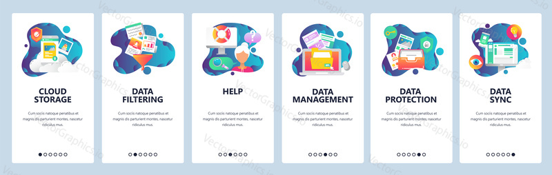 Web site onboarding screens. Computer and internet services, cloud storage and data sync. Menu vector banner template for website and mobile app development.