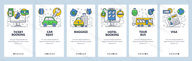 Web site onboarding screens. Holiday travel icons, hotel booking, tickets, visa, car rent. Menu vector banner template for website and mobile app development.