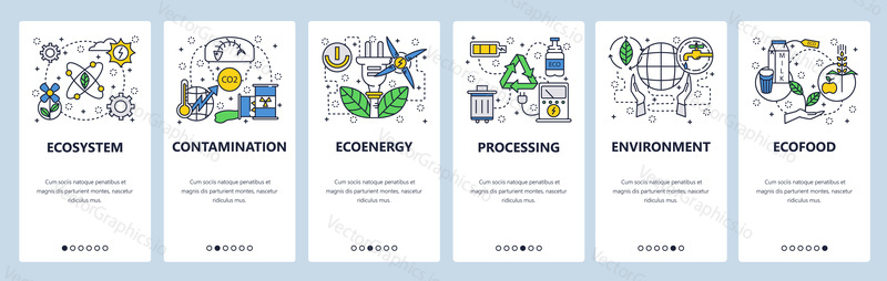 Web site onboarding screens. Ecology and environment contamination, waste recycle, organic food. Menu vector banner template for website and mobile app development.