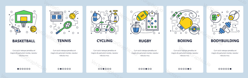 Web site onboarding screens. Sport icons. Basketball, tennis, cycling, rugby, boxing. Menu vector banner template for website and mobile app development. Modern design linear art flat illustration