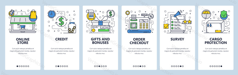 Web site onboarding screens. Online store, cash terminal, review and package delivery icons. Menu vector banner template for website and mobile app development.