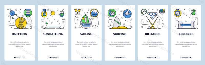 Web site onboarding screens. Sport games, hobby and leisure activities. Menu vector banner template for website and mobile app development. Modern design flat illustration