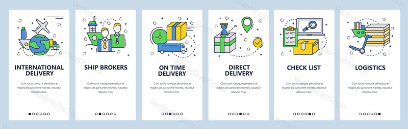 Web site onboarding screens. Worldwide delivery and cargo service. Menu vector banner template for website and mobile app development. Modern design linear art flat illustration
