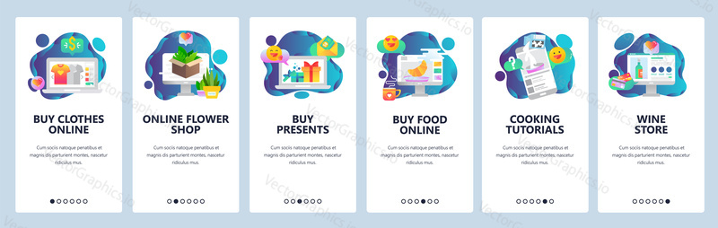 Web site onboarding screens. Online shopping. Clothes, food, wine and flower internet store. Menu vector banner template for website and mobile app development. Modern design flat illustration