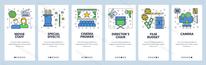Web site onboarding screens. Cinema and movie industry icons. Menu vector banner template for website and mobile app development. Modern design linear art flat illustration