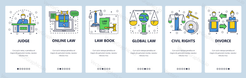 Web site onboarding screens. Court and legal system, civil rights, family law, international law. Menu vector banner template for website and mobile app development.