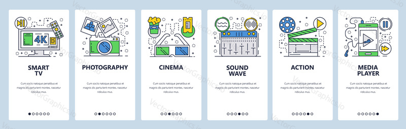 Vector web site linear art onboarding screens template. Media icons, smart 4k tv set, photo camera and cinema 3d glasses, music player and sound mixer. Menu banners for website and mobile app development.
