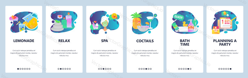 Web site onboarding screens. SPA and wellness center, party and cocktails. Menu vector banner template for website and mobile app development. Modern design linear art flat illustration